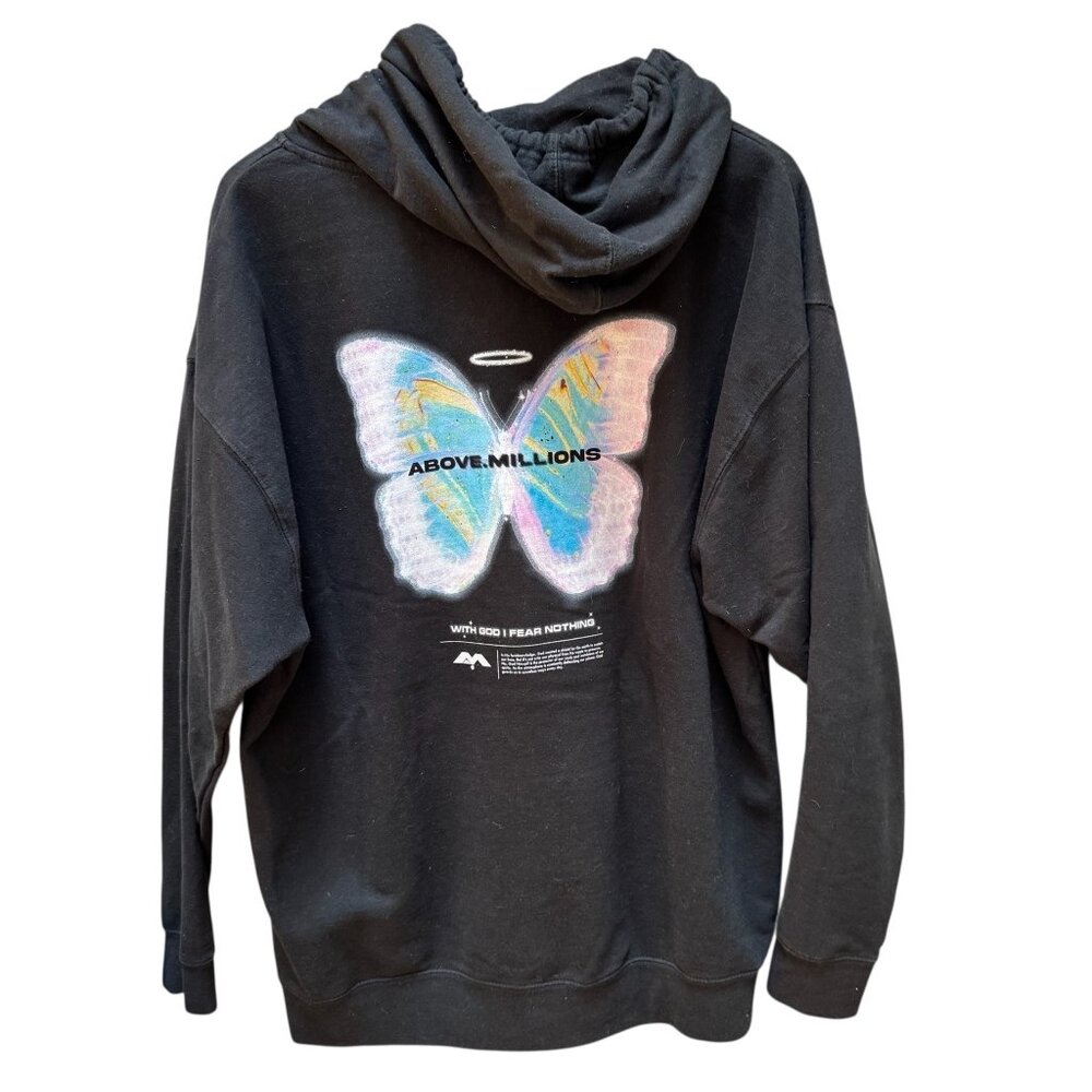 Above Millions With God I Fear Nothing Black Hoodie‎ Butterfly Print Mens XL